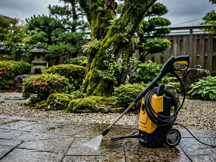 庭に置かれた高圧洗浄機と奥に見える苔の生えた庭木の幹