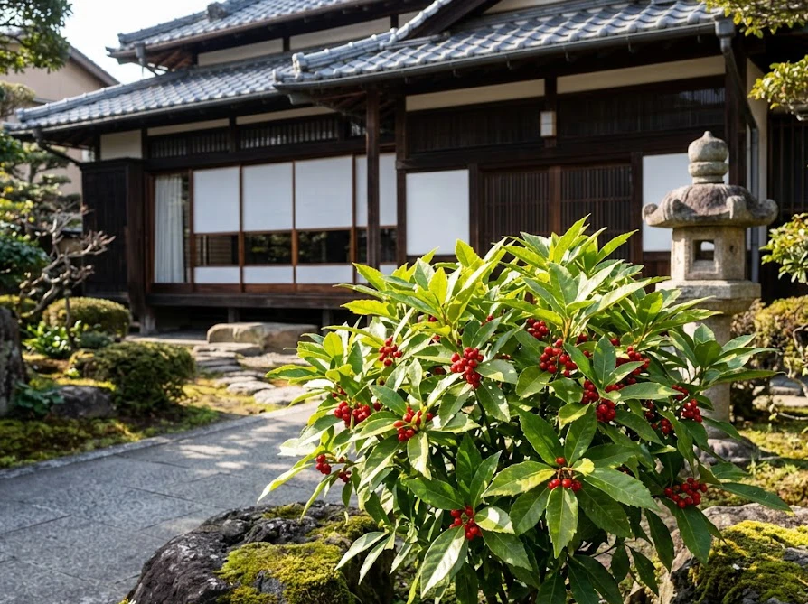 風水で縁起が良いとされる日本の家屋に植えられたアオキ