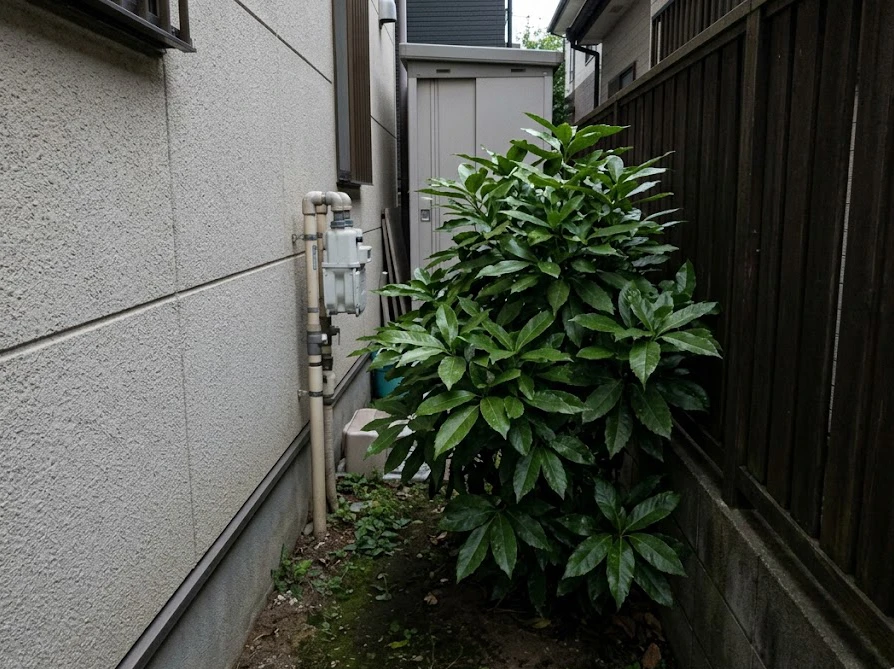 家の北側の暗い日陰でも元気に育つアオキ
