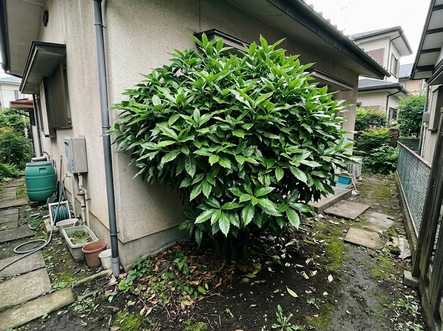 建物の北側のデッドスペースで青々と茂るアオキ