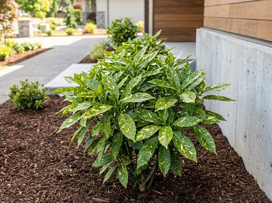 外壁から十分な距離を保って地植えされたアオキ