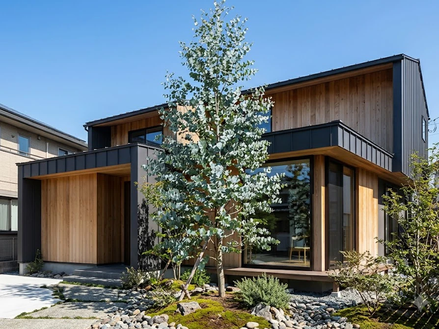 モダンな住宅のシンボルツリーとして美しく育つユーカリ・グニー