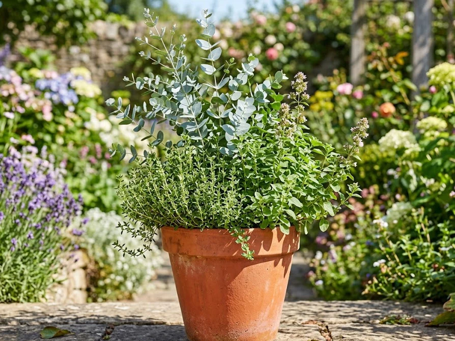 ユーカリとタイムなど乾燥に強いハーブを合わせたテラコッタの鉢植え