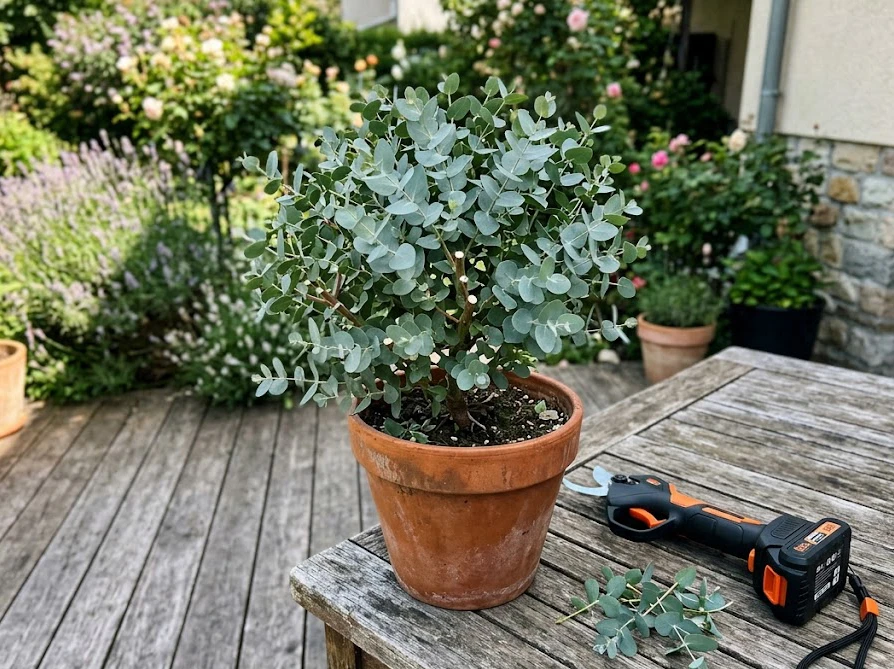 剪定されて風通しが良くなったユーカリの鉢植えと電動剪定ツール