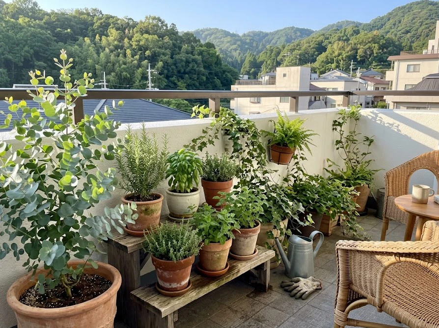 美しく育ったユーカリの寄せ植えが並ぶ理想的なベランダガーデン