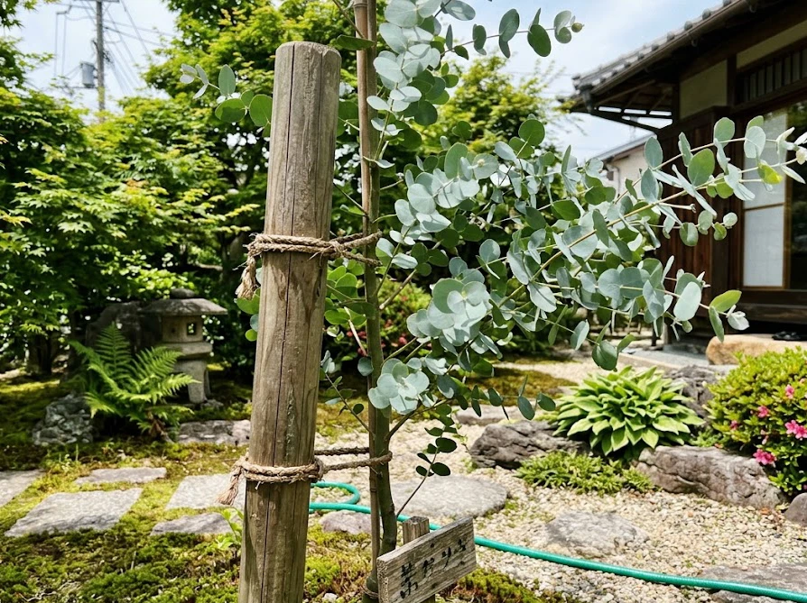 倒木リスクに備えて丸太の支柱で支えられたユーカリポポラス