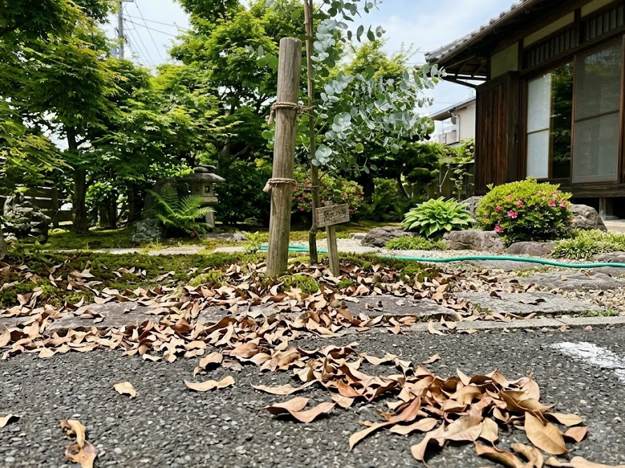 近隣トラブルの原因にもなる駐車場に散らばった大量のユーカリの落ち葉