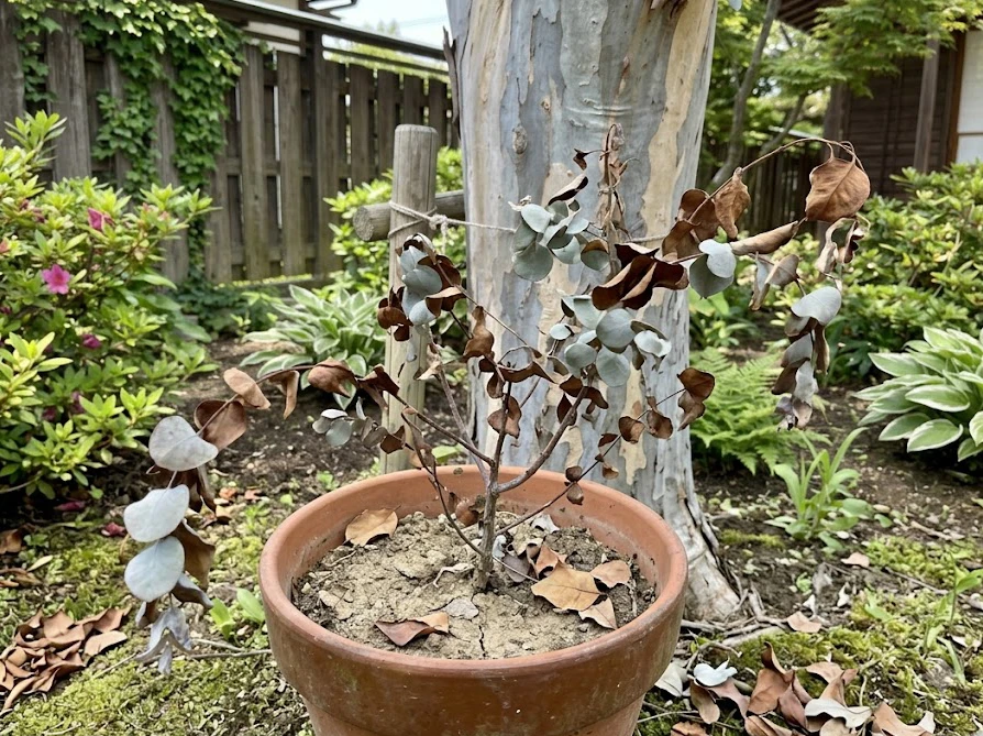 根腐れなどが原因で葉が茶色く枯れるユーカリポポラスの鉢植え