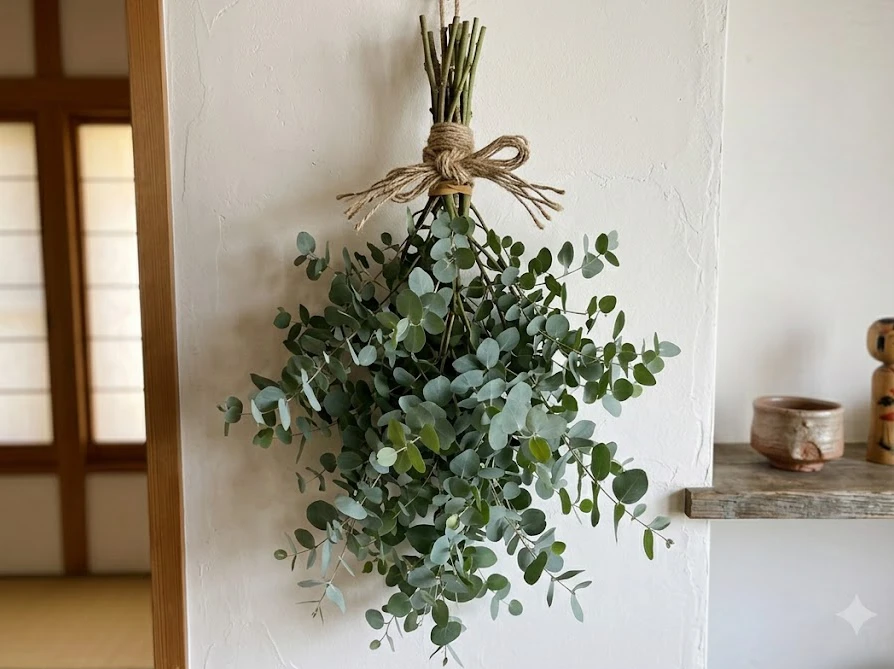 剪定したユーカリポポラスの枝を束ねて作ったドライフラワースワッグ