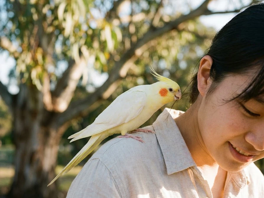ユーカリの木を背景に日本人の肩に留まっているオカメインコ