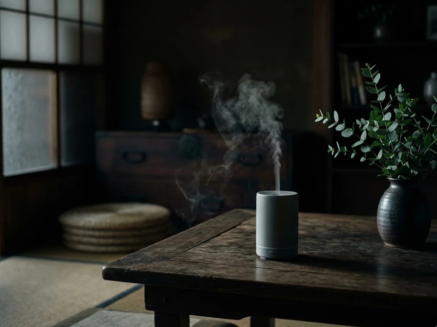 ユーカリの葉の横でミストを出しているアロマディフューザー