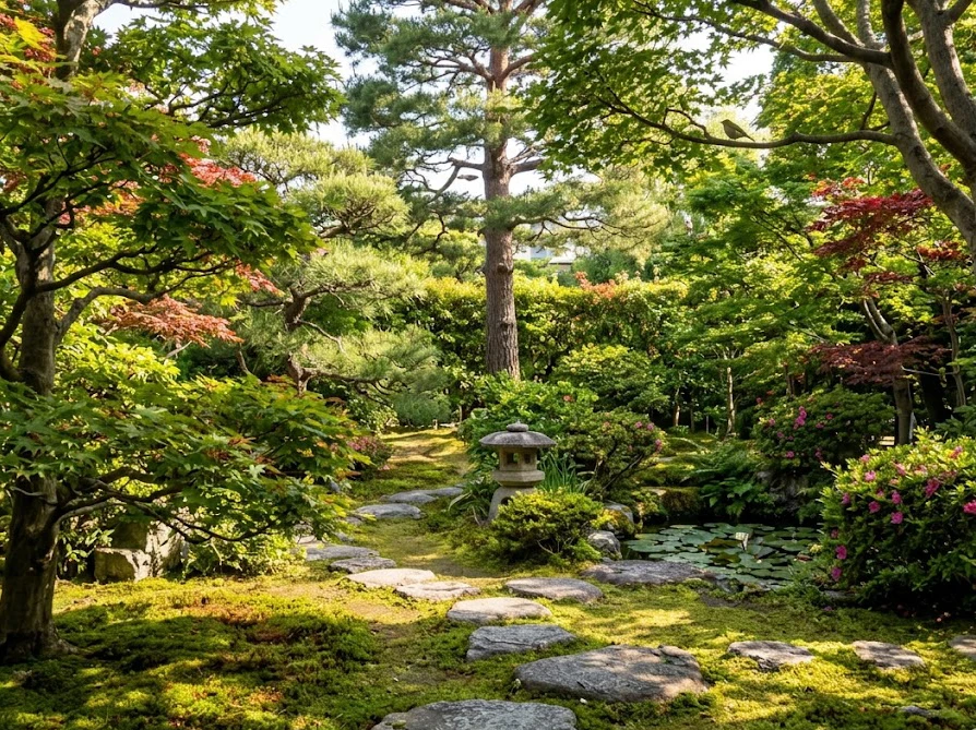 晴れた午後に日本の穏やかな庭の木で羽を休めている小さな野鳥
