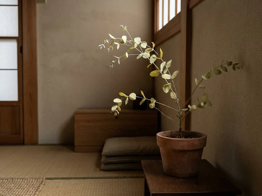 日照不足や風通しの悪さにより室内で弱ってしまった鉢植えのユーカリ