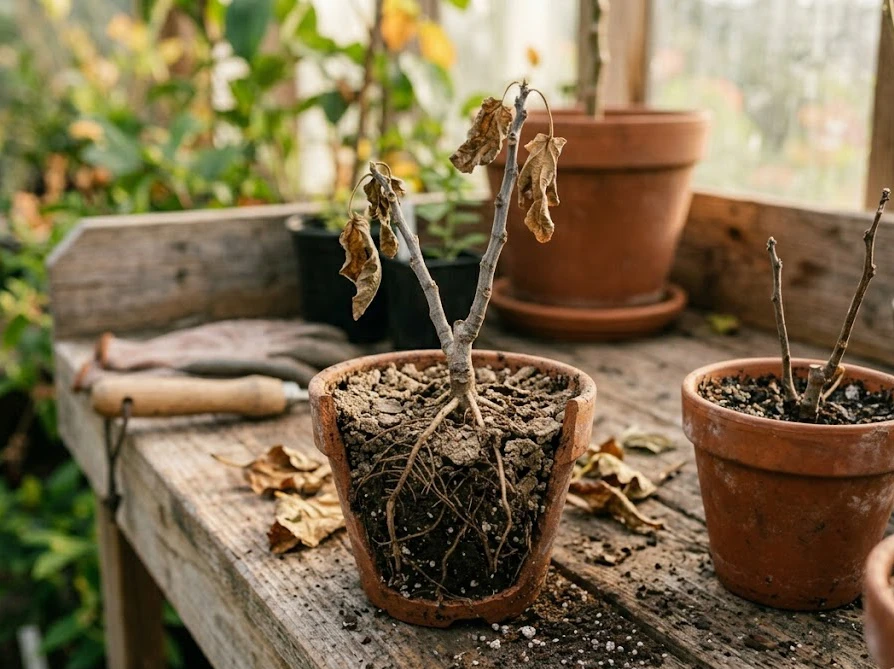 鉢植えの中で茶色く枯れてしまったイチジクの挿し木と失敗を連想させる風景