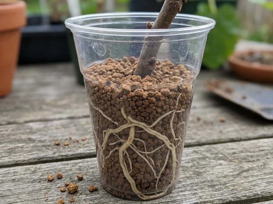 透明なプラスチックカップの側面からイチジクの挿し木の太くて白い根が見えている様子
