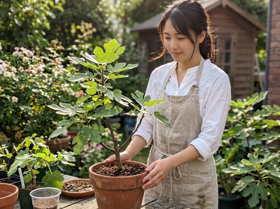 日当たりの良い庭でイチジクの鉢植えを見つめながら挿し木の管理について考える女性