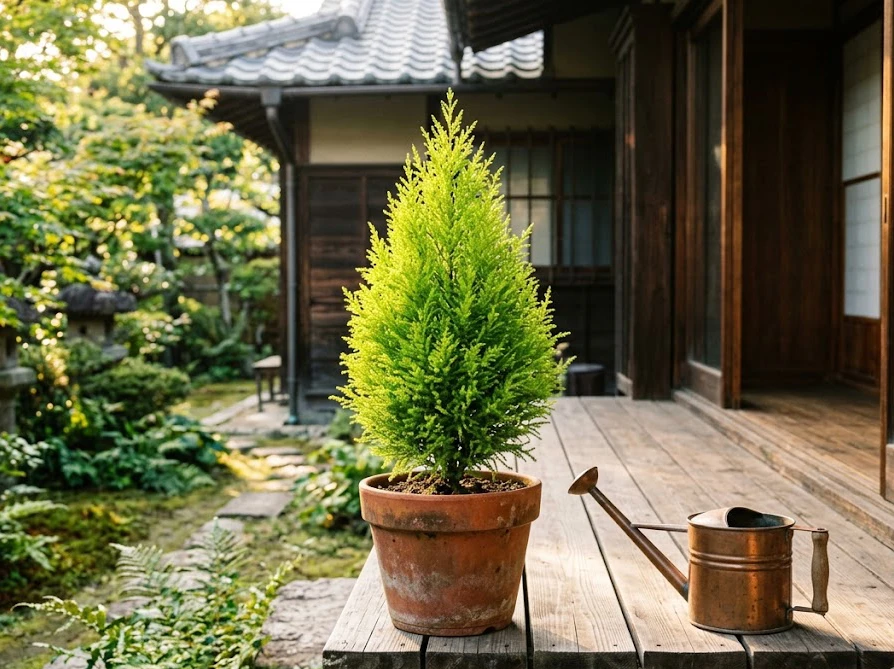 買ってきたばかりの鮮やかな緑色をした鉢植えのゴールドクレストと園芸道具