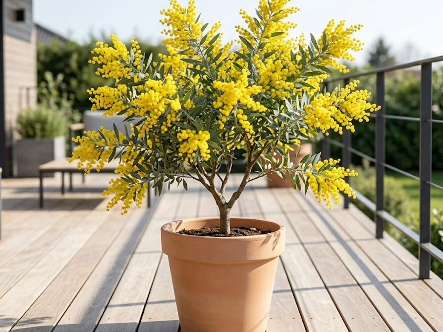 根の広がりや近隣トラブルを防ぐため鉢植えで育てられているミモザ