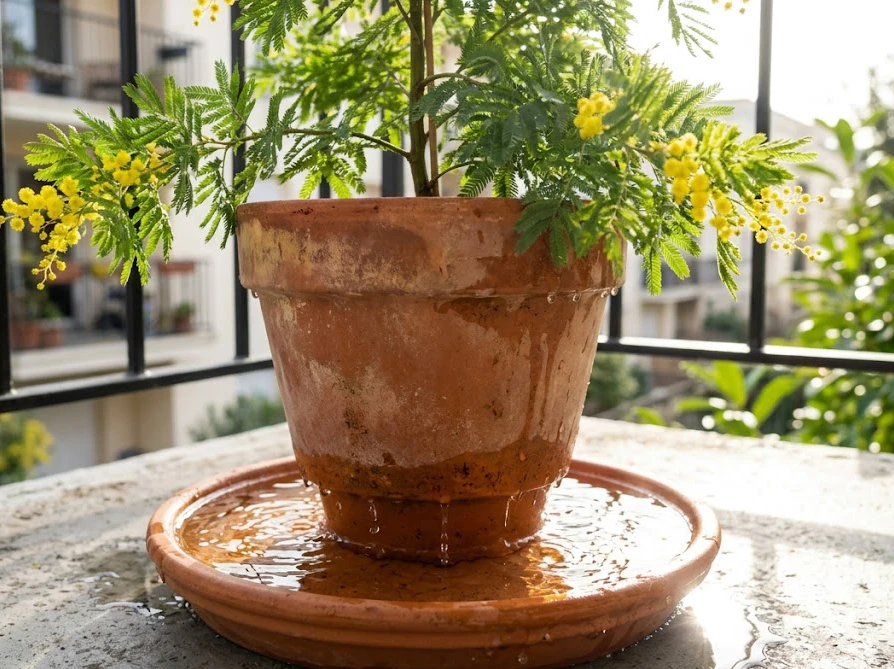 たっぷりと水やりをされ、鉢底から水が流れ出ている元気な鉢植えミモザ