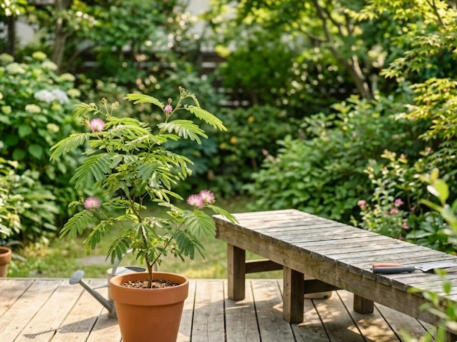 晴れたウッドデッキで鉢植えのミモザを見つめる女性