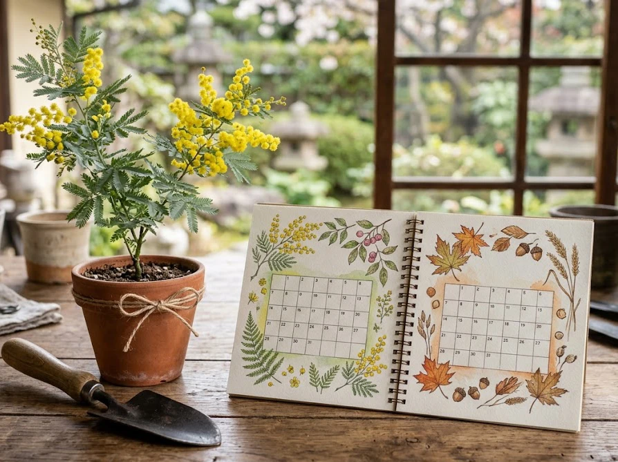 春と秋のミモザの最適な移植時期を示すカレンダーとガーデニング用品