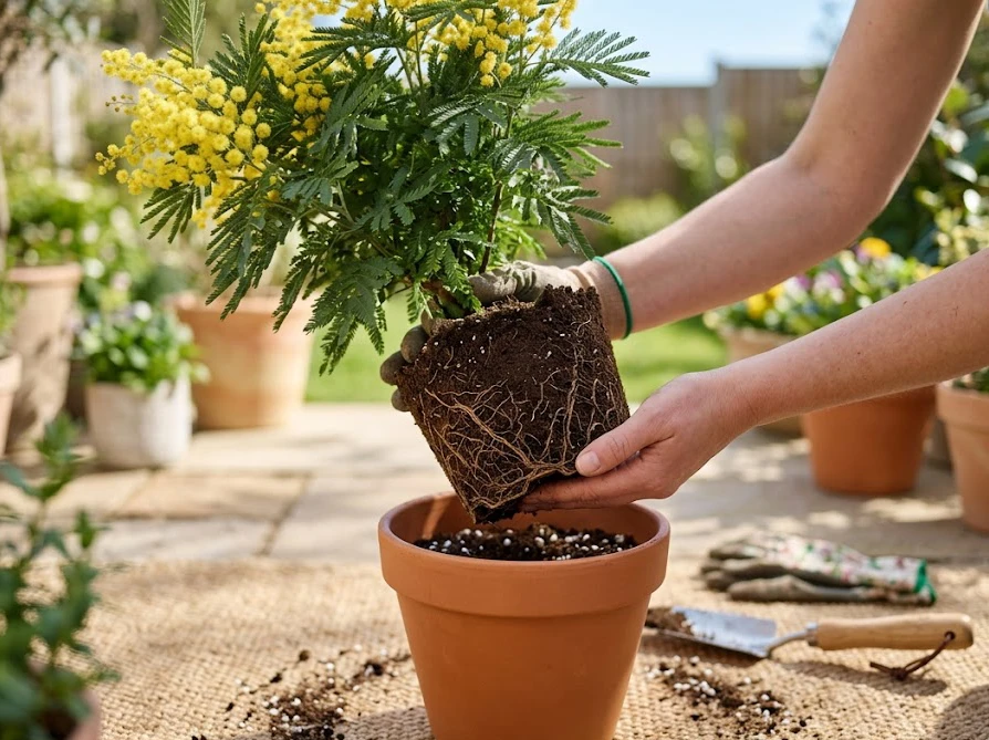 根を傷つけないよう、土の根鉢を崩さずに一回り大きな鉢植えへ移植されるミモザ