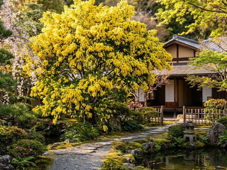 正しい移植時期と手順によって新しい場所に無事に根付き、春の庭で満開になったミモザ