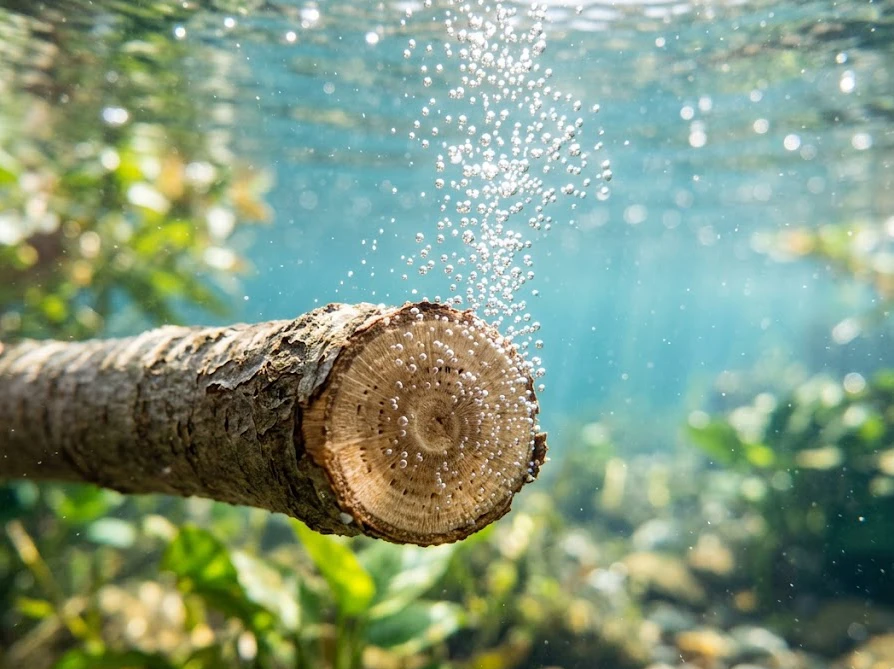 水中でミモザの導管から空気がプクプクと抜け殺菌されるメカニズム