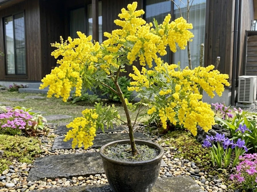 水枯れなどで茶色く枯れたミモザの鉢植えを見て、復活できるか悩む人の姿
