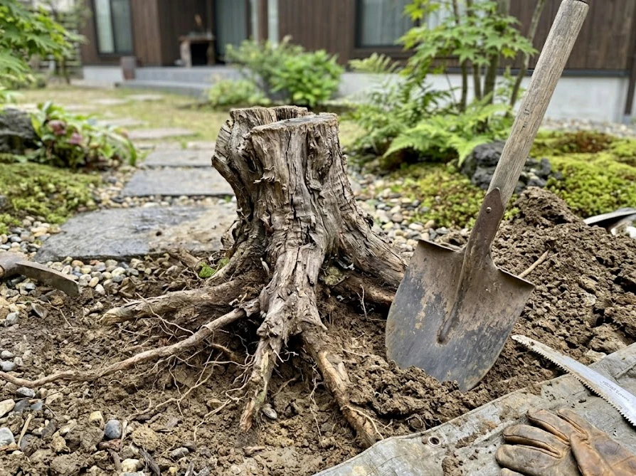 鉢植えから地植えへ植え替える際、崩さないように丁寧に取り出されたミモザの根鉢