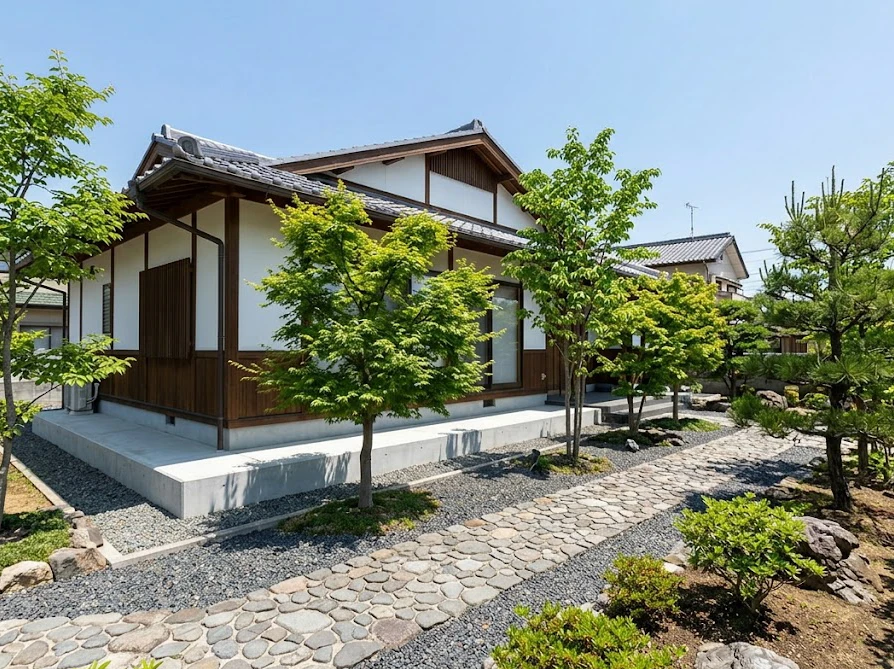 建物の基礎コンクリートや配管から安全な距離をとって植えられた庭木