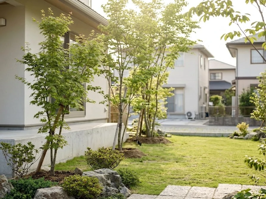 トラブルを避けるために適切な距離で植栽計画を行い、庭の仕上がりに満足する男性