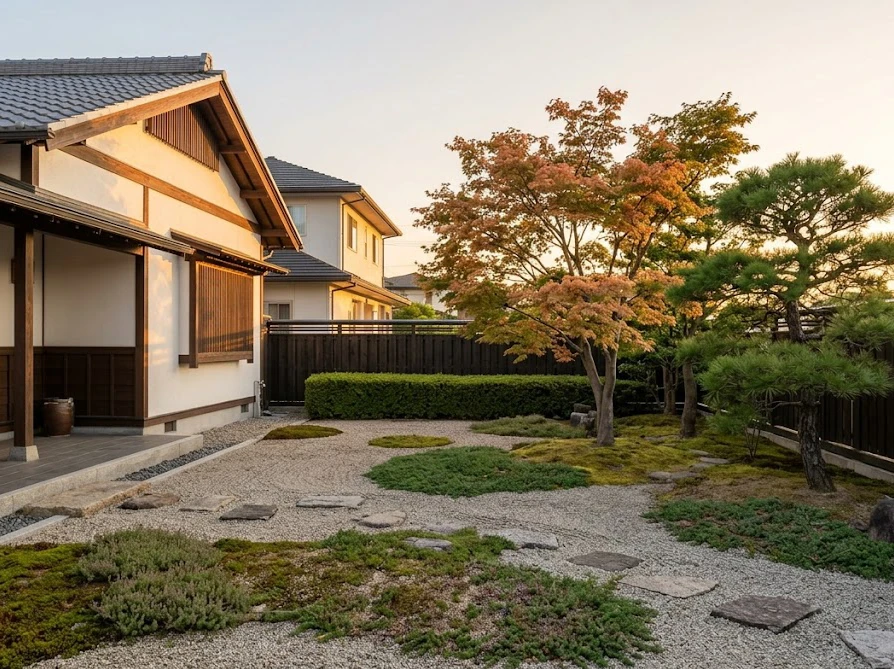 建物の基礎や境界線から安全な距離を保ち、将来のメンテナンスも考慮された理想の庭