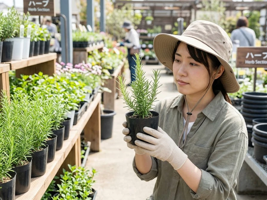 ホームセンターの園芸コーナーでベストな時期にローズマリーの苗を選ぶ女性