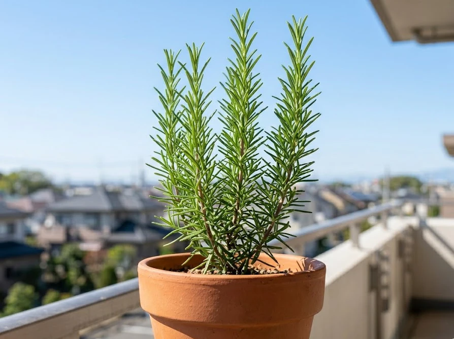 初心者におすすめの蒸れに強い立性品種の元気なローズマリーの鉢植え