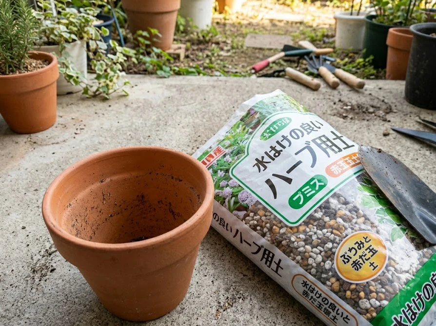 ローズマリーの植え替えに準備する水はけの良いハーブ用培養土と素焼き鉢