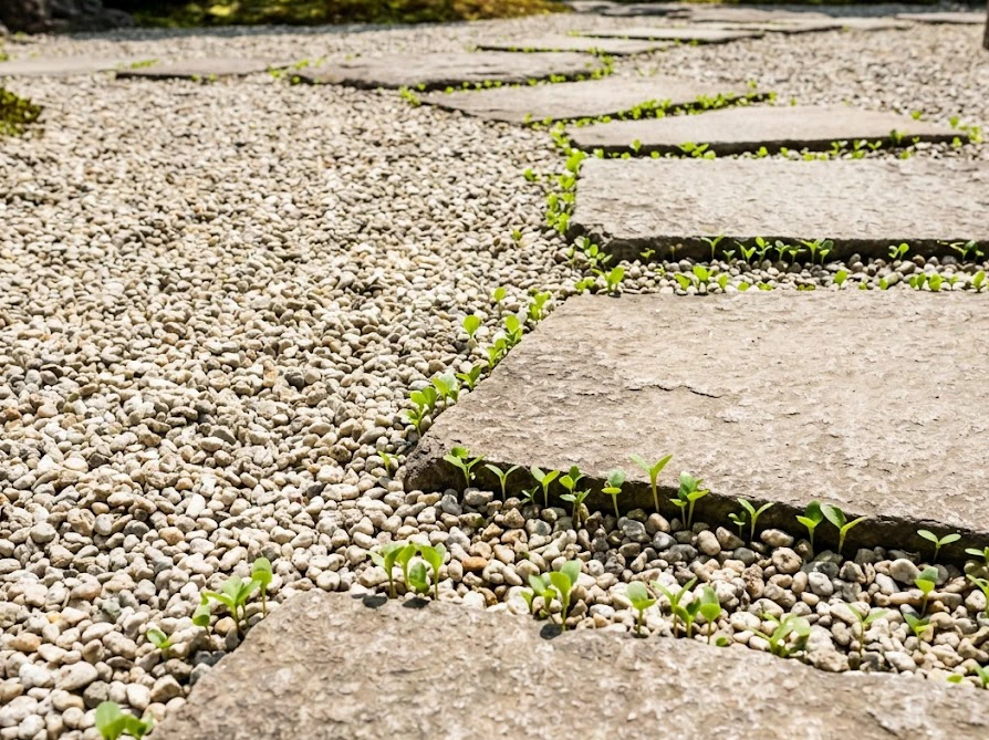 砂利の隙間から大量に発芽して雑草化したシマトネリコのこぼれ種