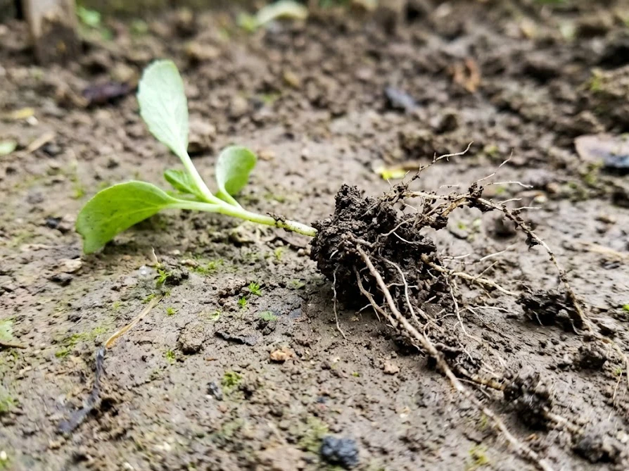 雨上がりの湿った土から根の先まで綺麗に抜いたシマトネリコの芽