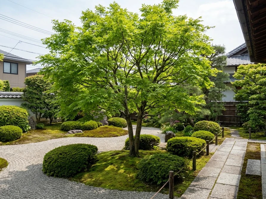 こぼれ種が駆除されて綺麗に手入れされた春の住宅街の美しい庭