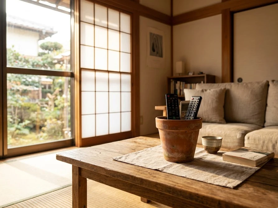 木のテーブルに置かれた収納グッズとして再利用されている素焼きの植木鉢