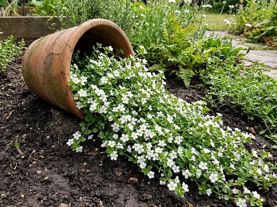 庭の土留めやオブジェとして横に倒され、中から白い花が溢れ出す植木鉢