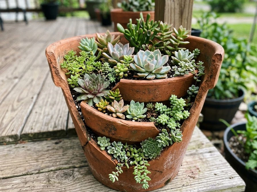 割れた断面を活かして多肉植物がぎっしりと寄せ植えされた素焼きの植木鉢