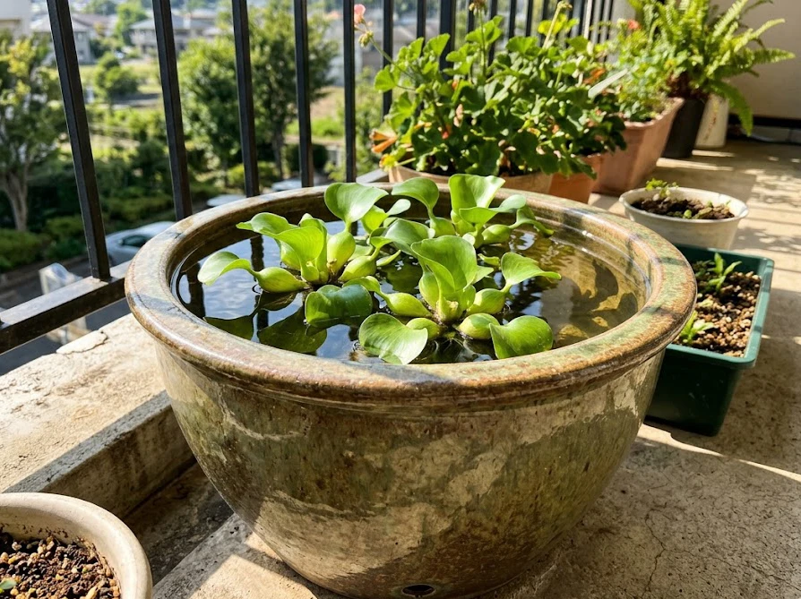 植木鉢の底穴を塞いで水を張り、水生植物を浮かべて作ったミニビオトープ
